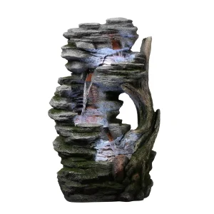 Rustic Stream Water Fountain with LED Light Adjustable Flow