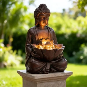 18.9" H Buddha Outdoor Fountain with LED Lights and Pump, Waterfall